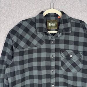 Howler Bros Harkers Flannel Shirt Large Plaid Black Gray Elbow Patch Heavy Thick